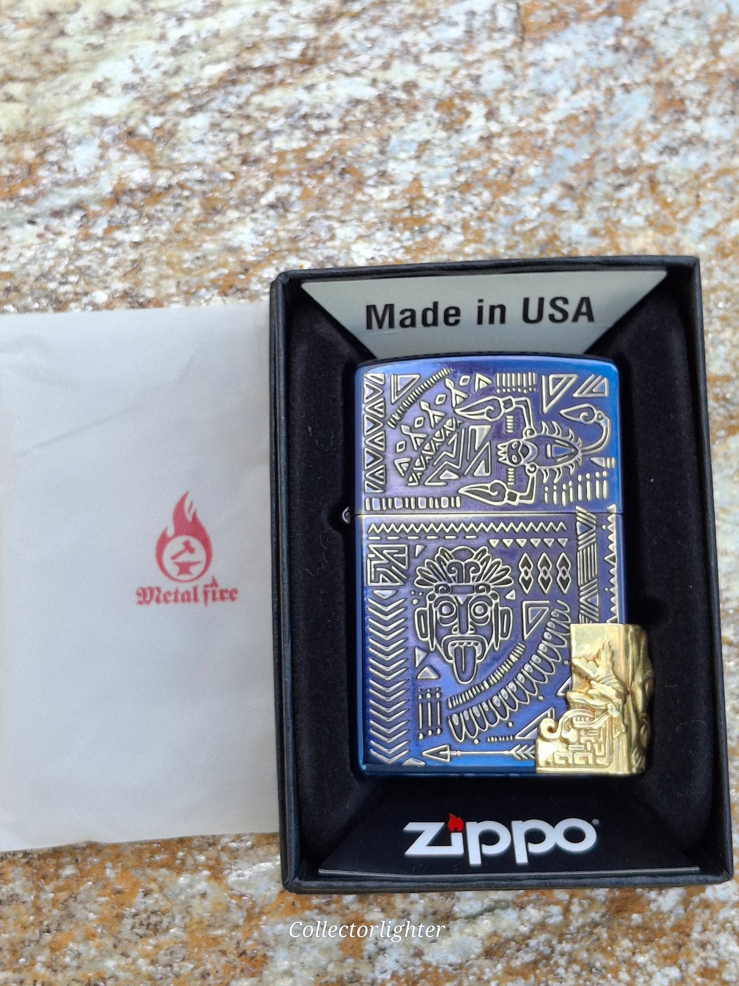 Zippo - Baked Blue Tribal Totem- Asia Modell - Metalfire