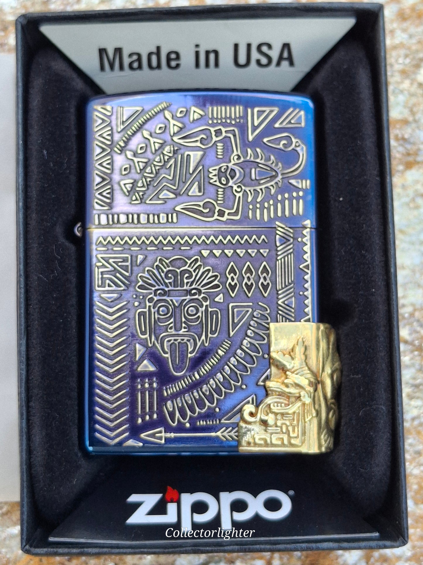 Zippo - Baked Blue Tribal Totem- Asia Modell - Metalfire